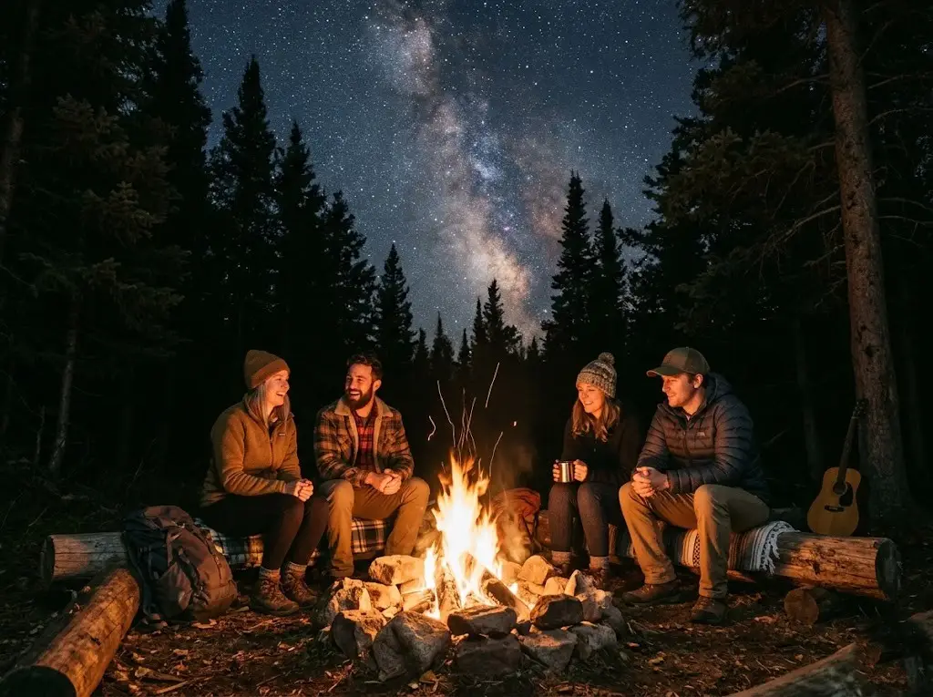 Group of campers sitting around a campfire at night under a starry sky