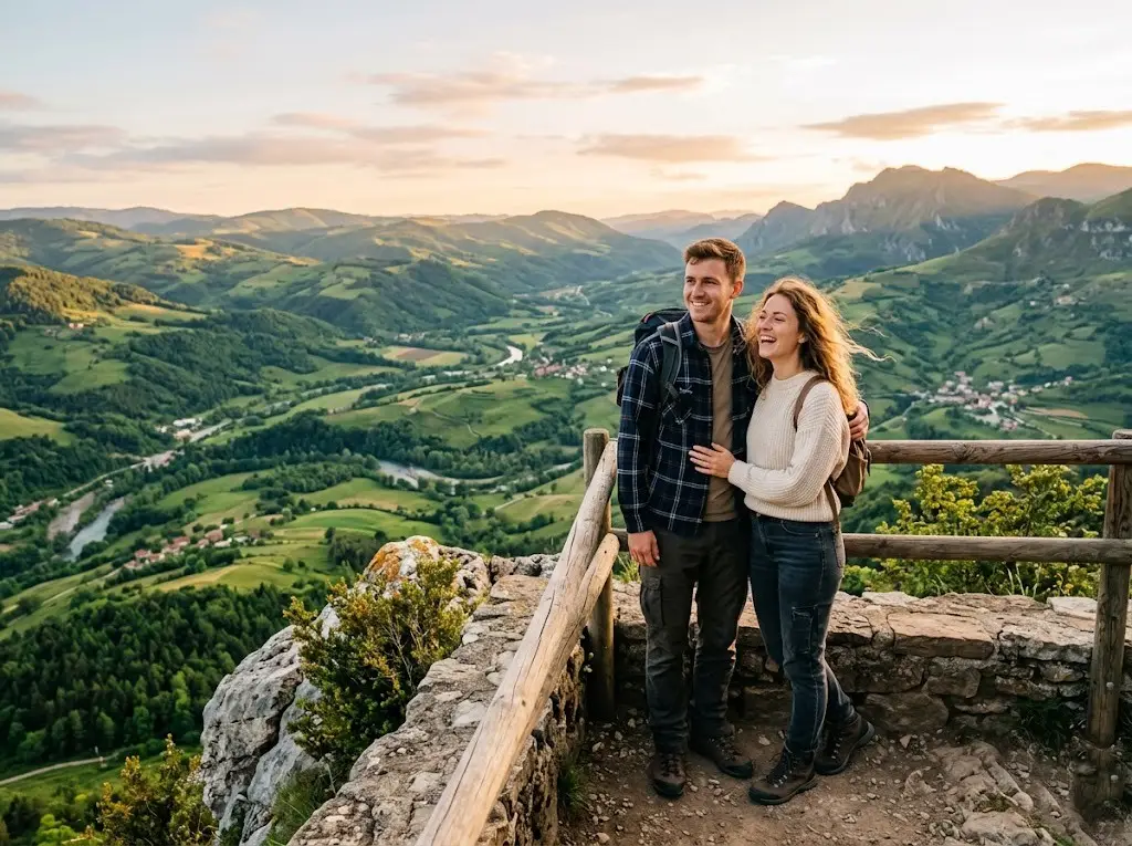 Happy couple enjoying a scenic overlook view during a USA weekend getaway