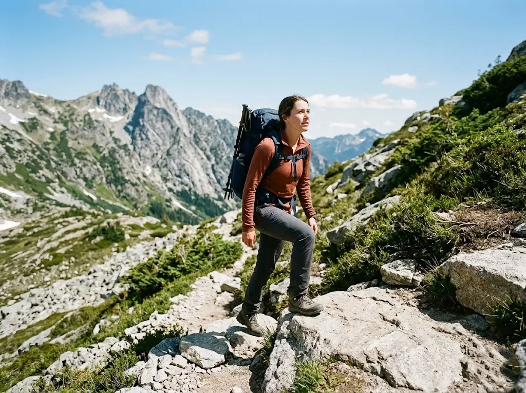 Hiker climbing a steep rocky trail on a mountain in a USA national park
