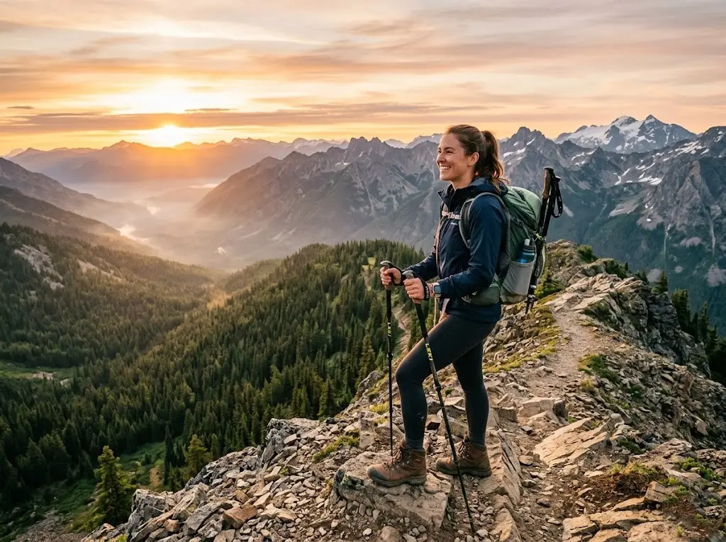 Hiker with backpack exploring a scenic mountain trail at sunrise in USA national park