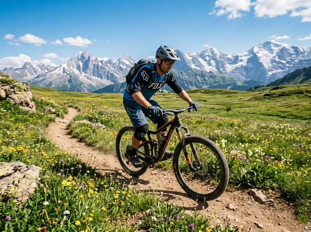 Mountain biker riding a dirt trail through a scenic alpine meadow outdoors