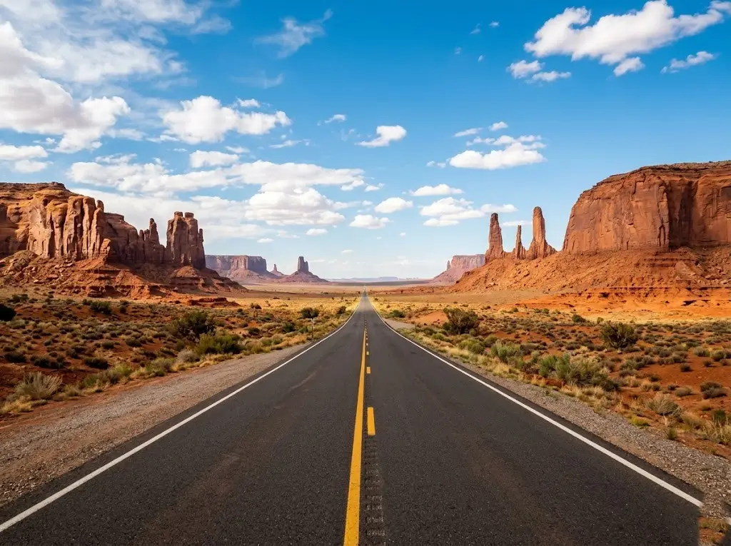 Scenic open desert highway stretching through red rock landscape for USA road trip