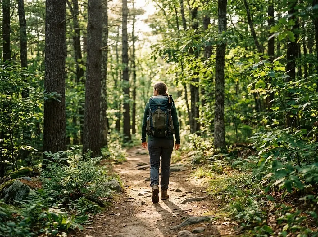 Solo hiker with backpack walking a sunlit forest trail in a national park