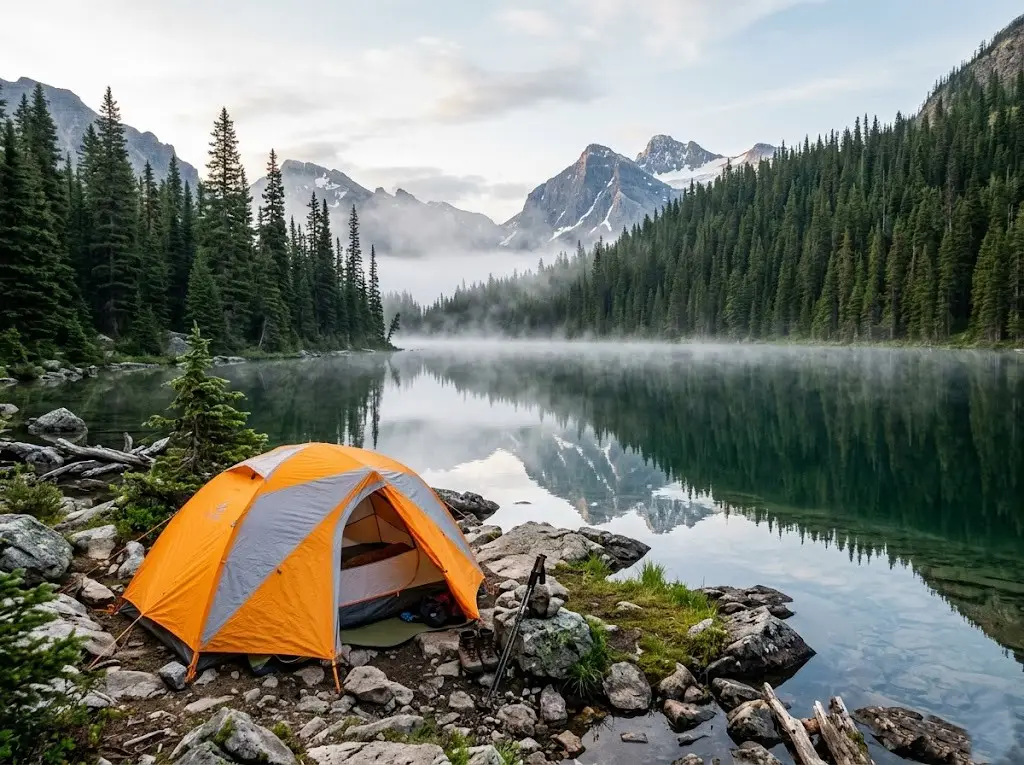 Tent camping at a scenic mountain lake in a USA national park