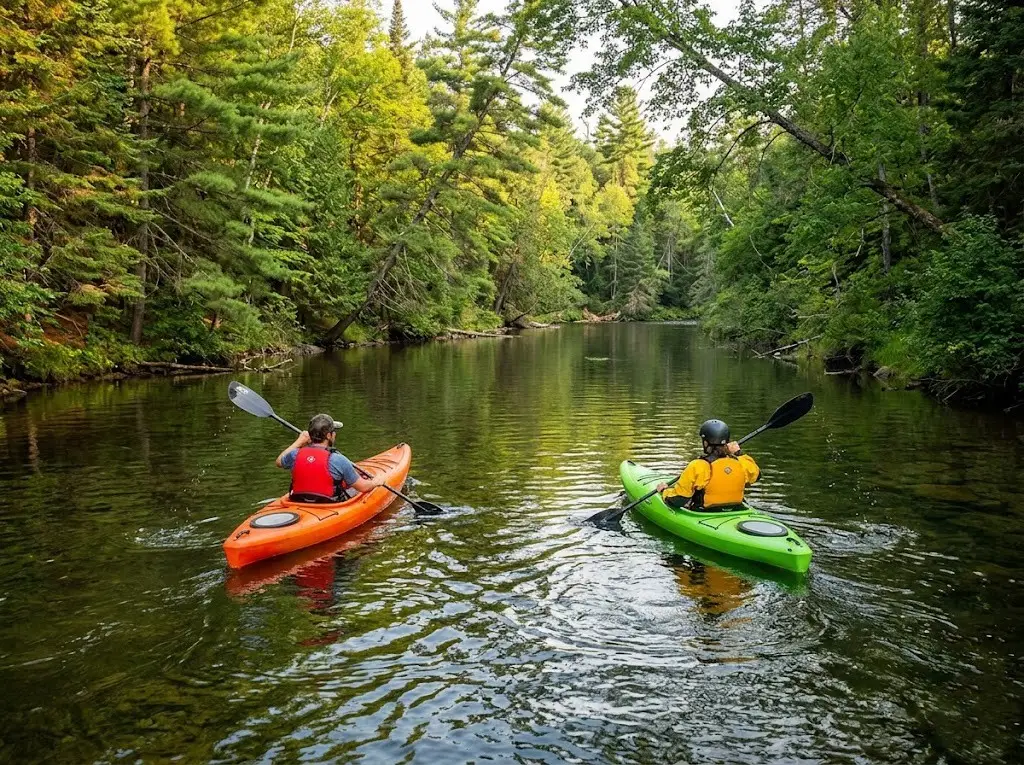 Two kayakers paddling through calm scenic forested river on outdoor adventure