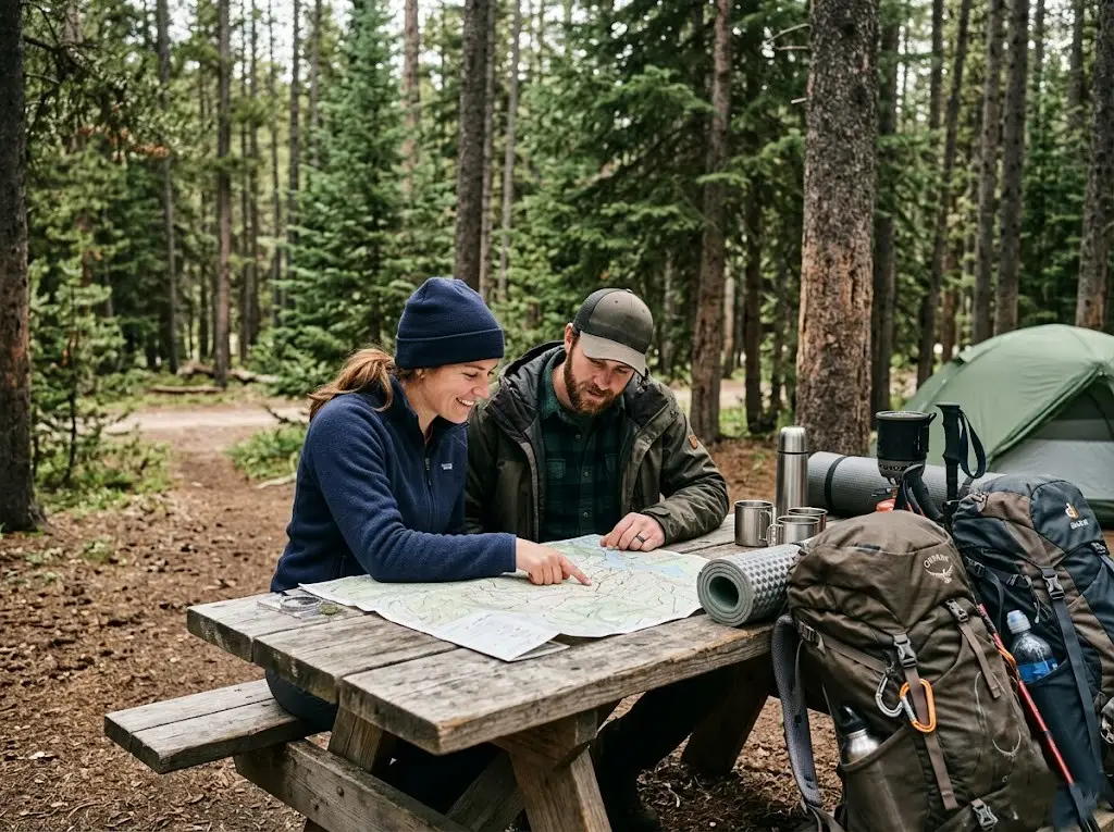 Two outdoor adventurers reviewing trail map at campsite preparing for hiking trip